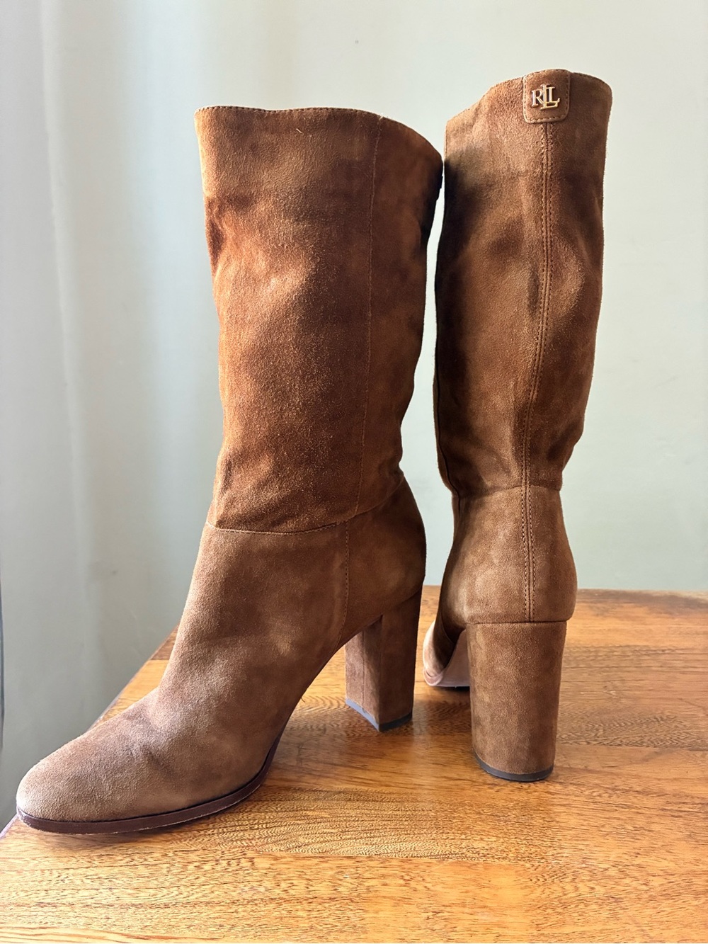 Lauren Ralph Lauren Artizan II Suede Boot Suede Knee-High Heeled Boots Brown US - Picture 2 of 6